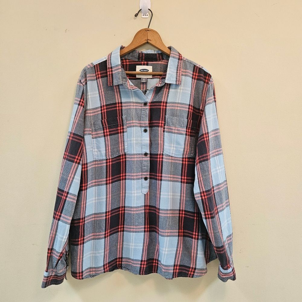 Old Navy Top/Shirt Women Sz XXL Flannel Popover Light Blue Plaid 978517-04